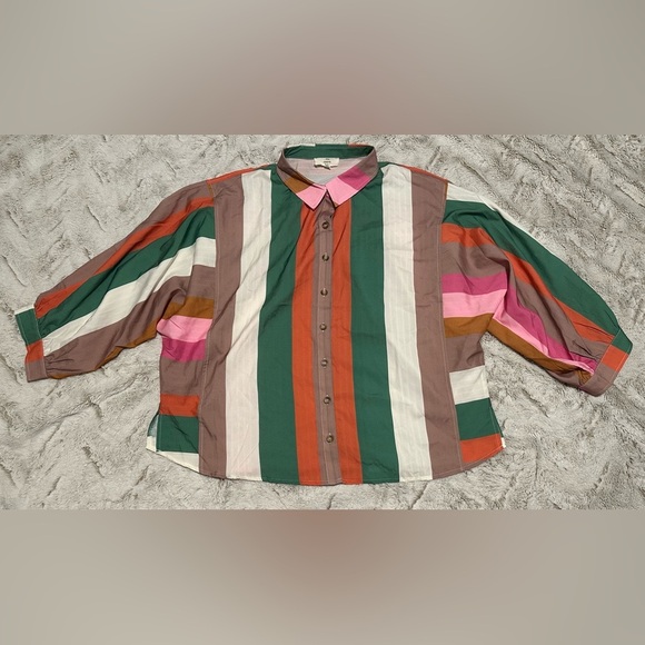Entro Vibrant Colorful Long Sleeve Striped Button Down Blouse - Picture 2 of 9